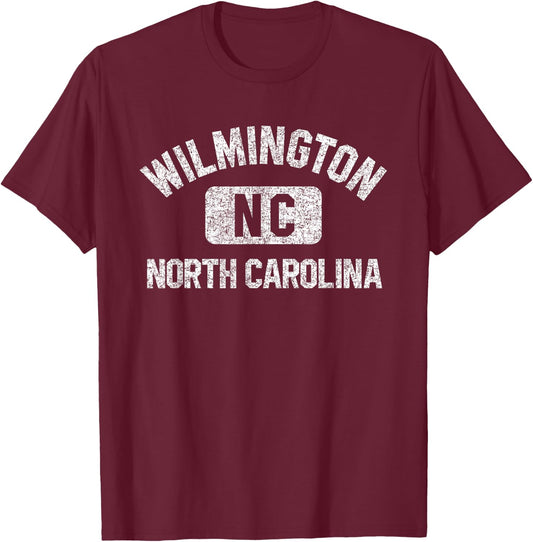 Wilmington North Carolina Gym Style Distressed White Print T-Shirt - T-Shirt | Maroon