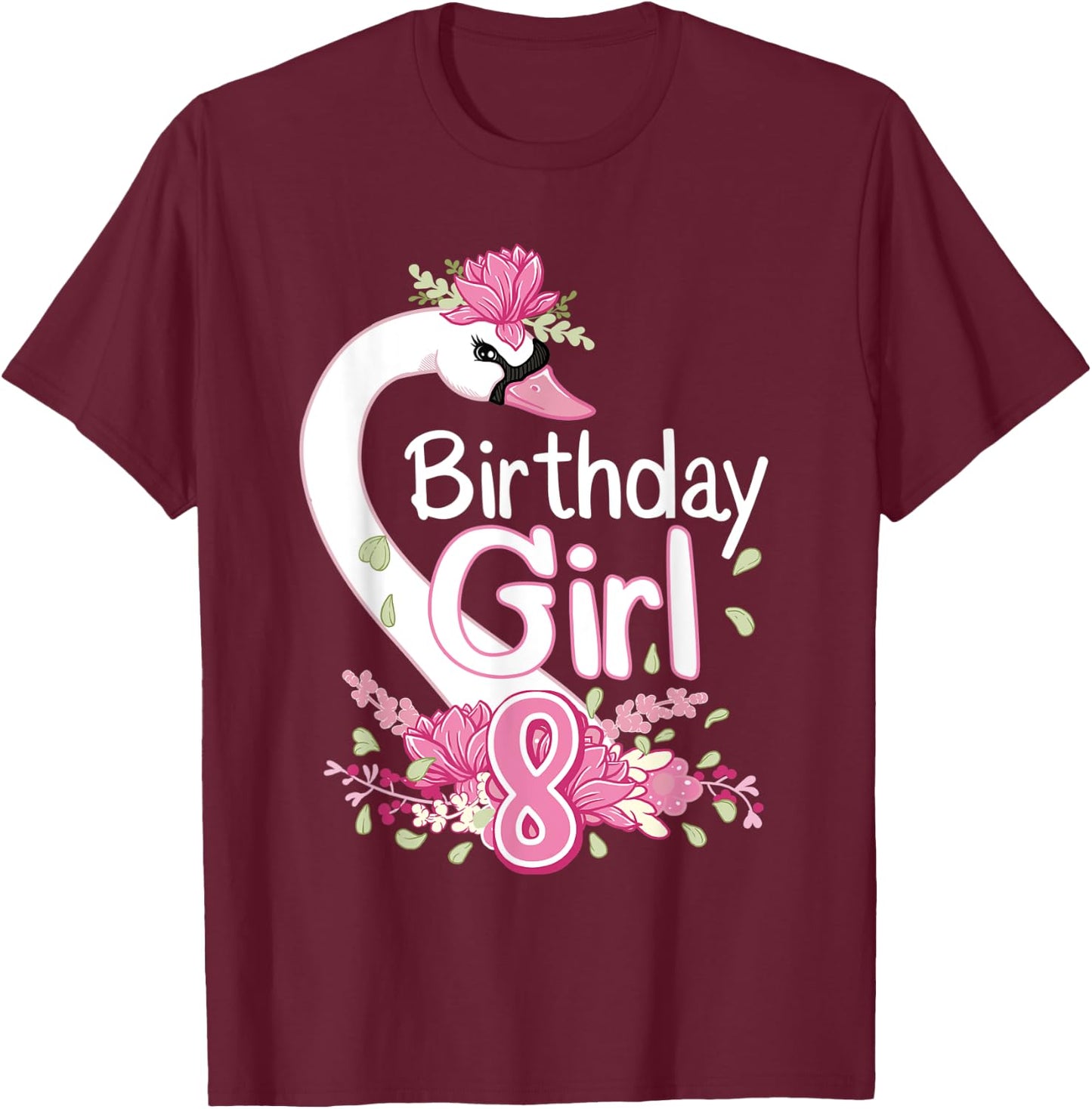 8th Birthday Wildlife Swan Animal 8 Year Old Birthday Girl T-Shirt - T-Shirt | Maroon