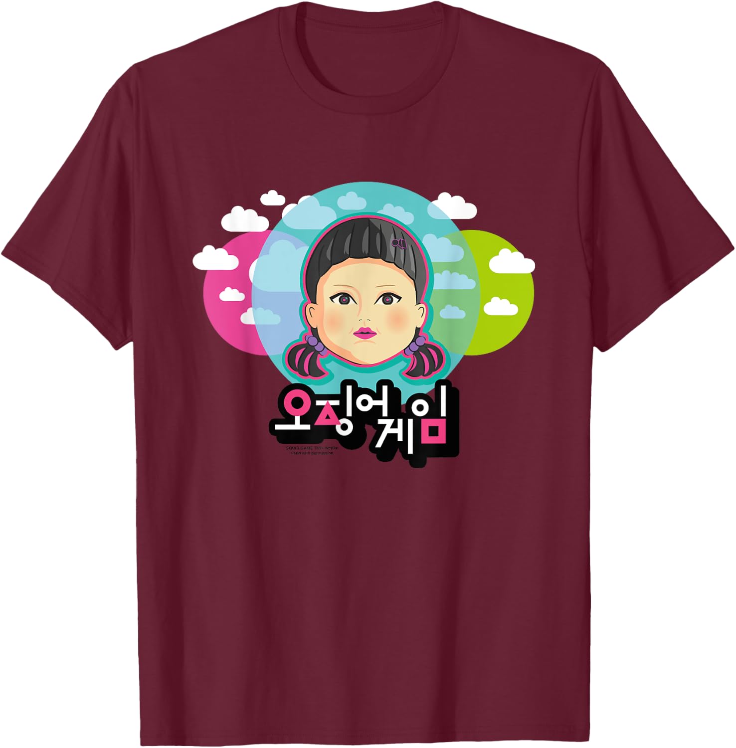 Squid Game Doll with clouds face Light Red Light Green , grey, S T-Shirt - T-Shirt | Maroon