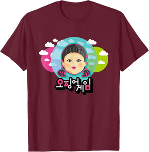 Squid Game Doll with clouds face Light Red Light Green , grey, S T-Shirt - T-Shirt | Maroon