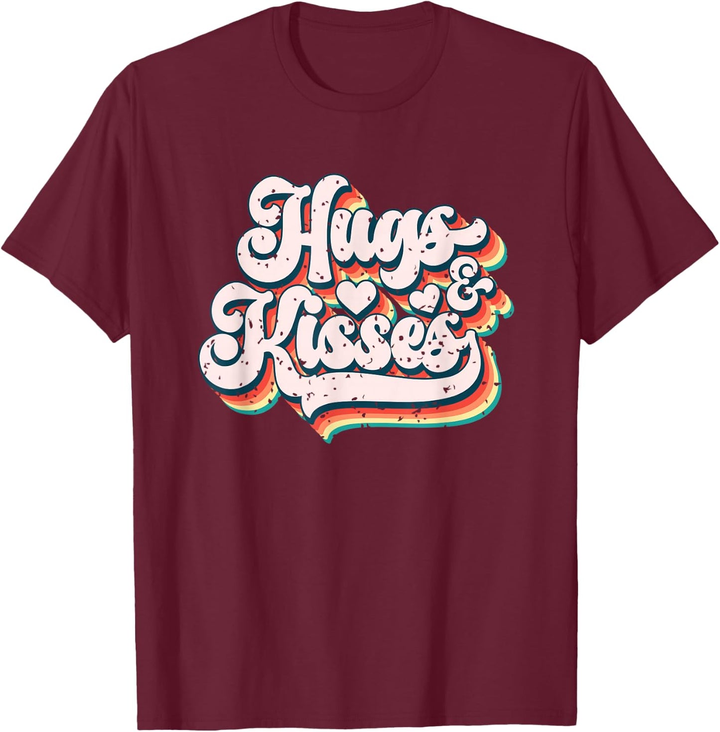 Vibrant Retro Typography Hugs And Kisses T-Shirt - T-Shirt | Maroon