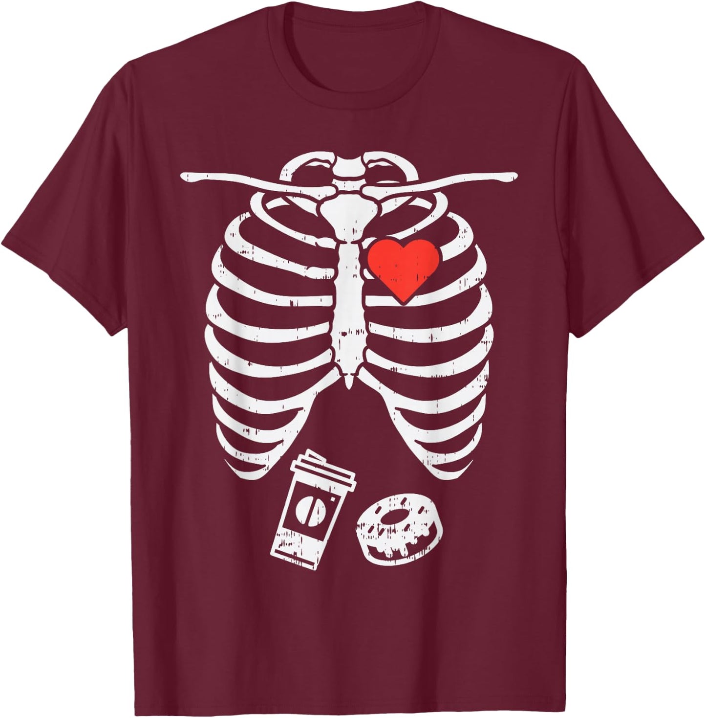 Skeleton X-Ray Donut Coffee Funny Halloween Pregnancy Dad T-Shirt - T-Shirt | Maroon
