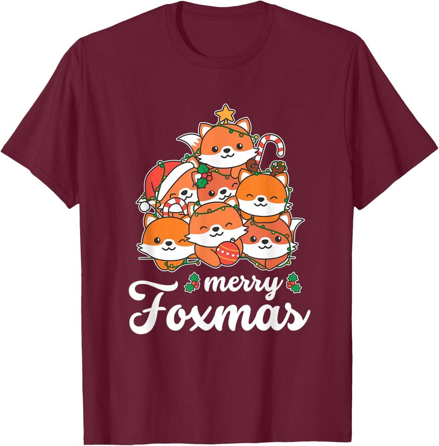 Merry Foxmas Pun Fox Christmas T-Shirt - T-Shirt | Maroon