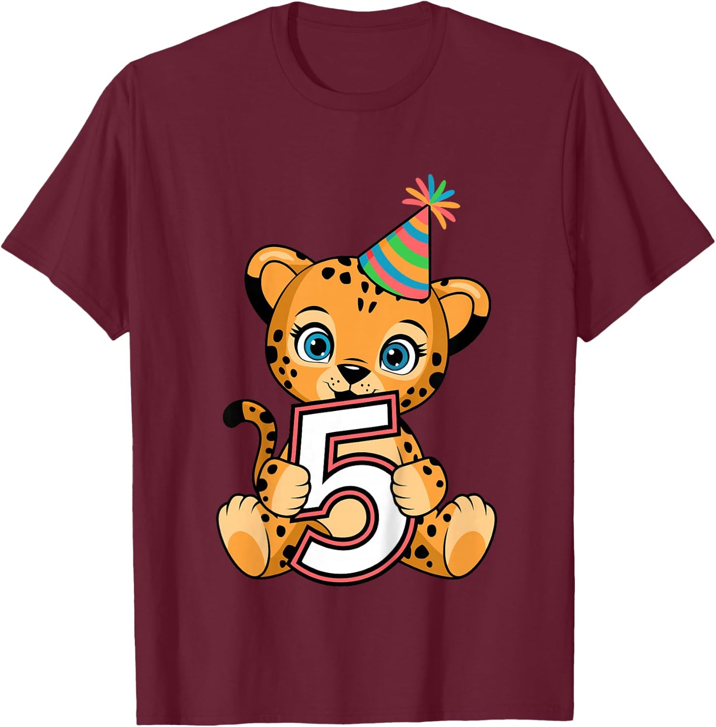5th Birthday Cheetah Kids T-Shirt - T-Shirt | Maroon