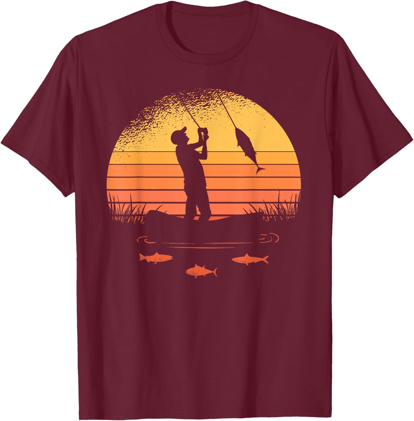 Angler with Sun and Fish Motif Women Children , black T-Shirt - T-Shirt | Maroon