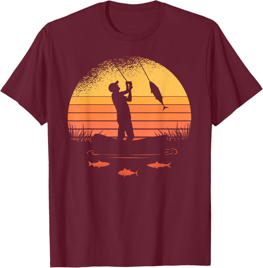 Angler with Sun and Fish Motif Women Children , black T-Shirt - T-Shirt | Maroon