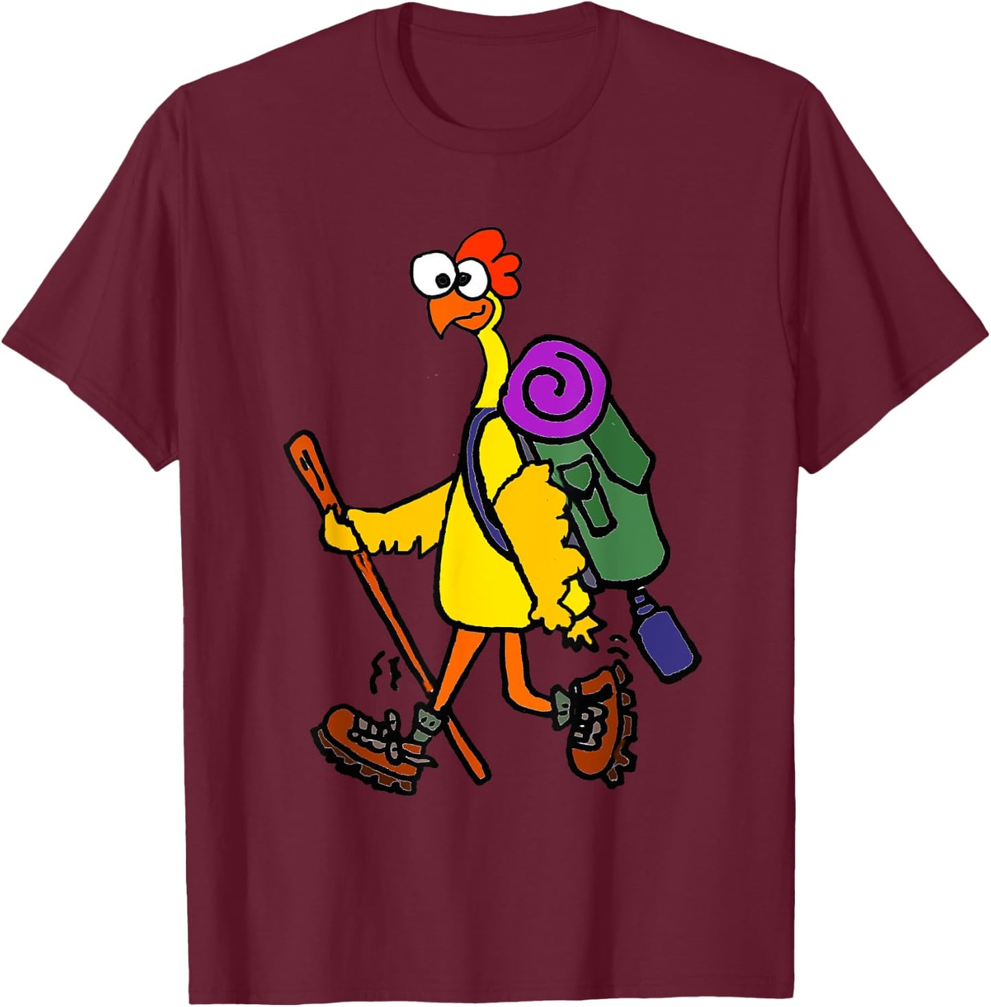 Smilealottees Funny Rubber Chicken Hiking Cartoon T-Shirt - T-Shirt | Maroon