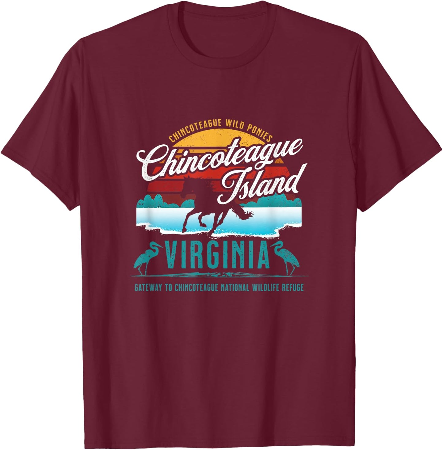 Chincoteague Island Virginia Wild Ponies Retro Sun Souvenir T-Shirt - T-Shirt | Maroon