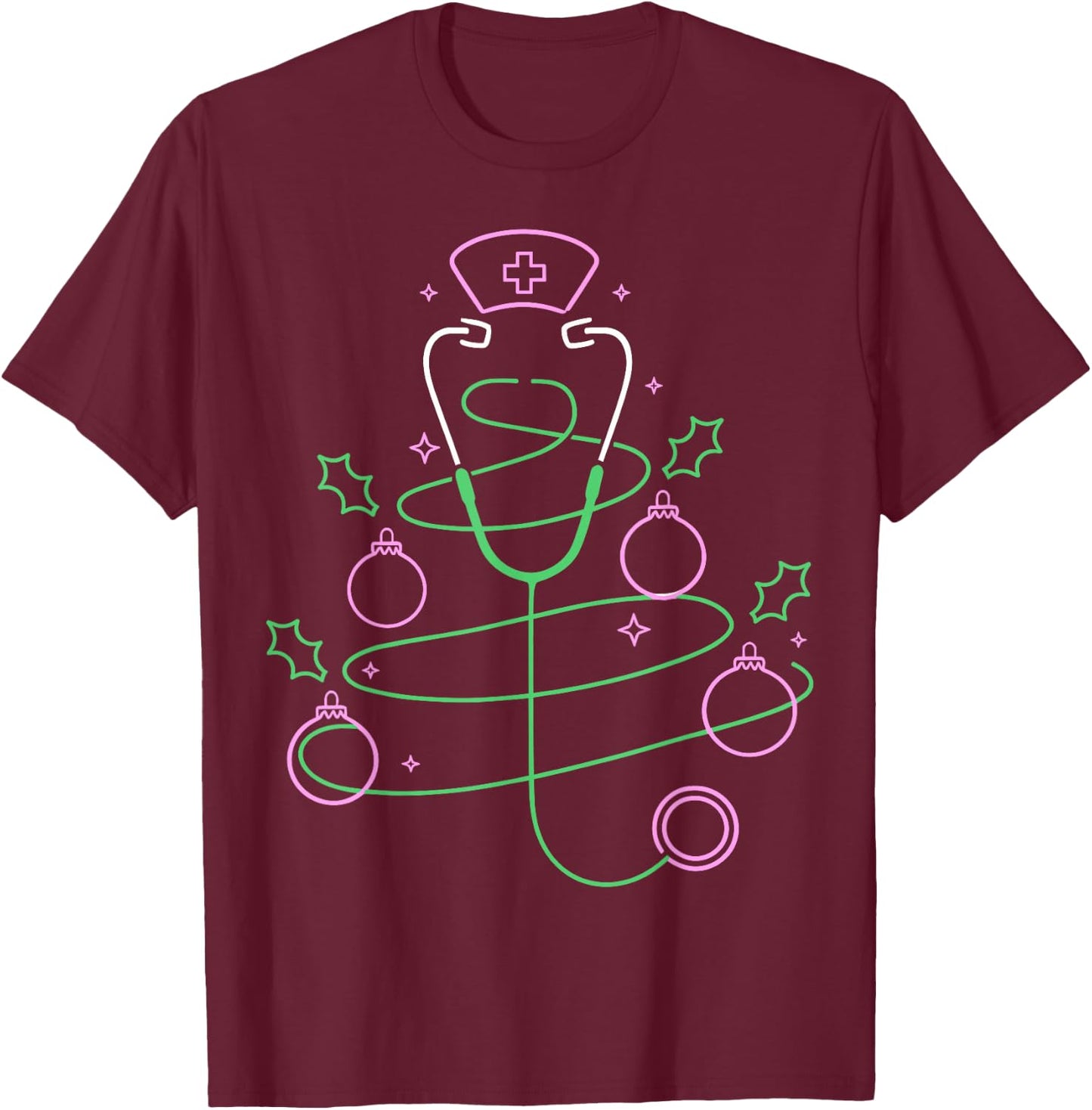 Christmas Tree Stethoscope Nurse Christmas T-Shirt - T-Shirt | Maroon