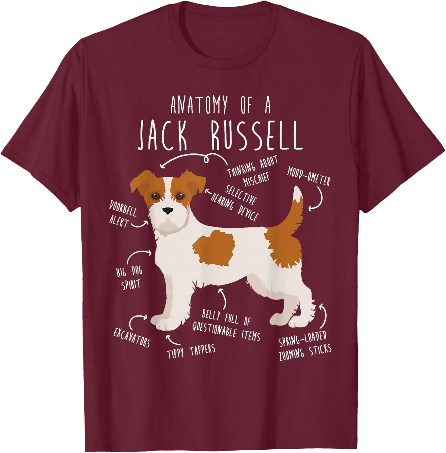 Broken Coat Jack Russell Terrier Anatomy, Cute Funny Pet JRT T-Shirt - T-Shirt | Maroon