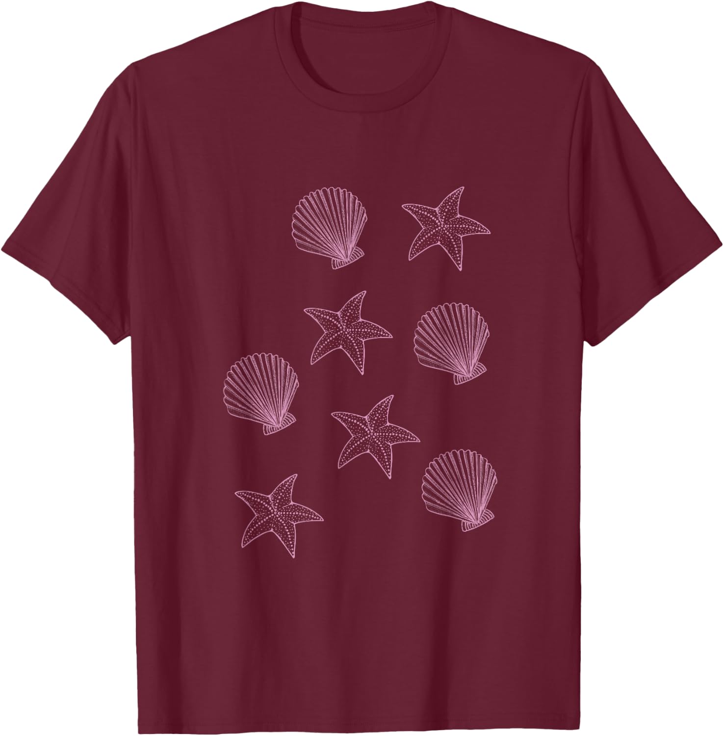 Pink Sea Shells Starfish Coastal Preppy Aesthetic T-Shirt - T-Shirt | Maroon