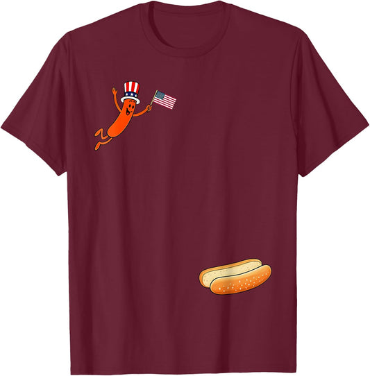 Hotdog Freedom Dive Funny Uncle Sam Hot Dog Jumping Into Bun T-Shirt - T-Shirt | Maroon