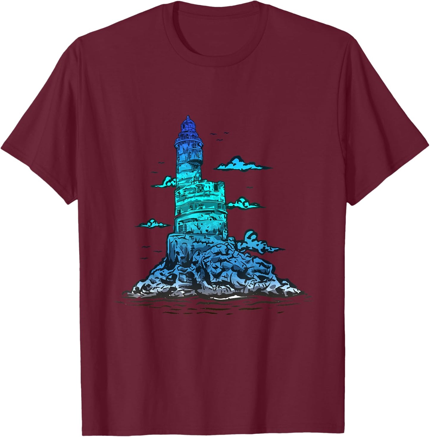 Lighthouse Old Seaside House Clouds Sailing Life Sea T-Shirt - T-Shirt | Maroon