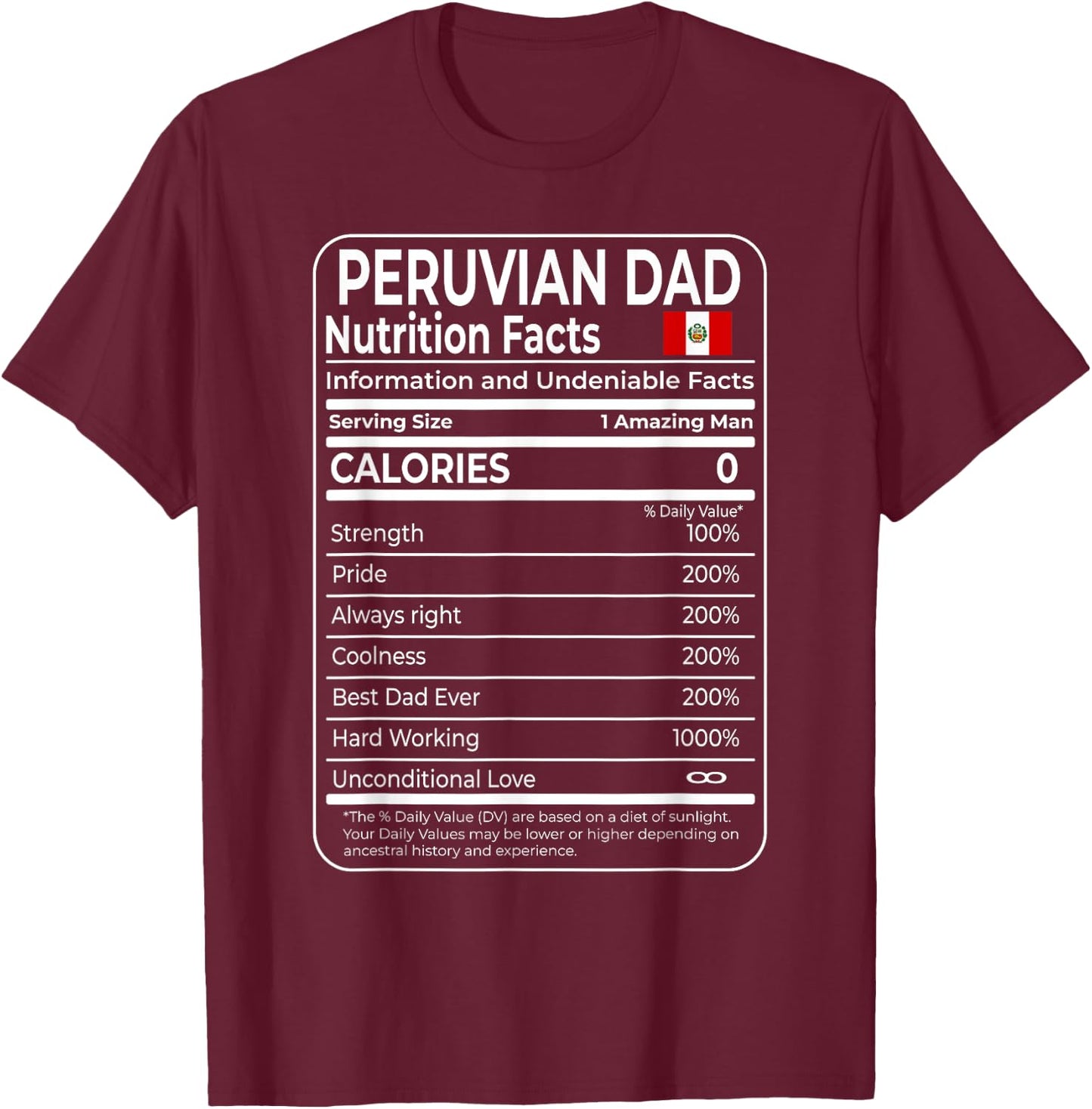 Peruvian Dad Nutrition Facts National Pride Gift Dad T-Shirt - T-Shirt | Maroon