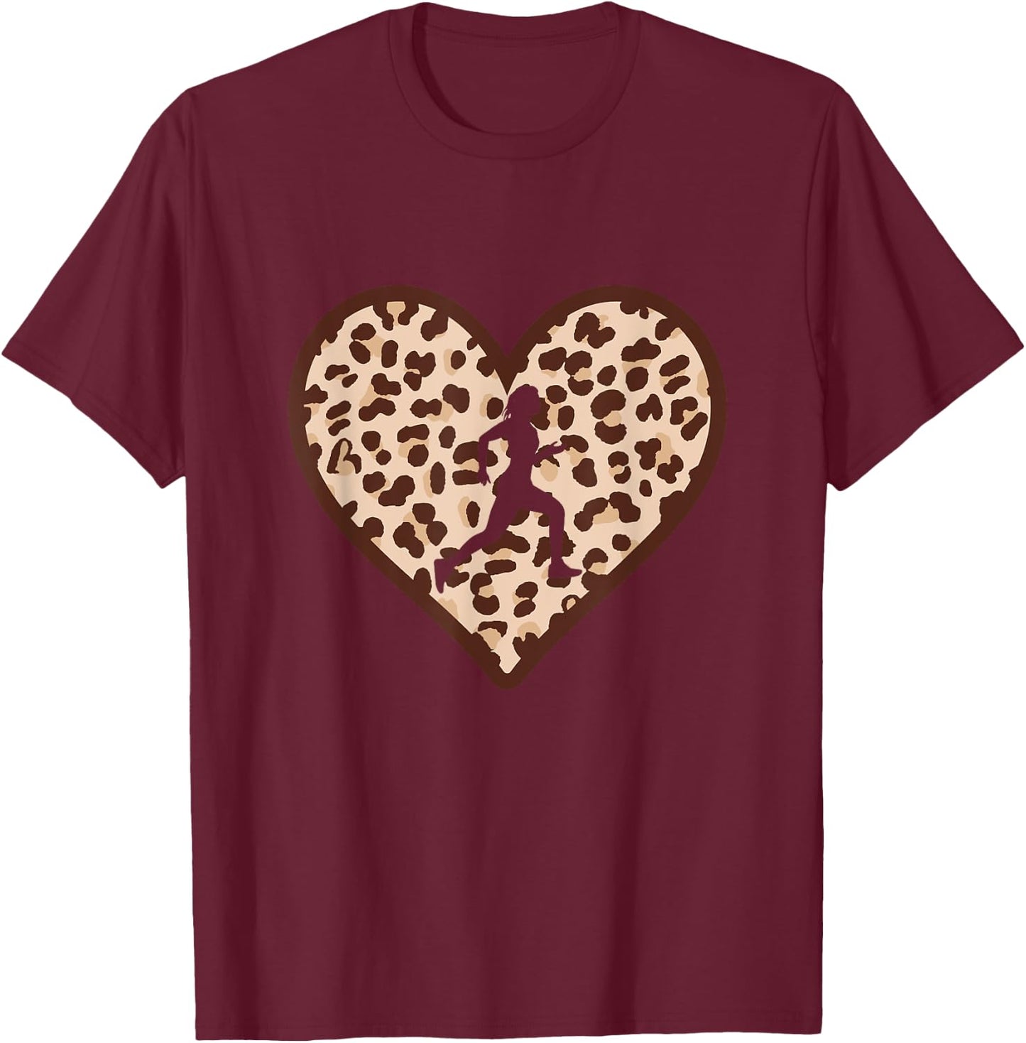 Cross Country Running Heart Leopard Print XC Runner Marathon T-Shirt - T-Shirt | Maroon
