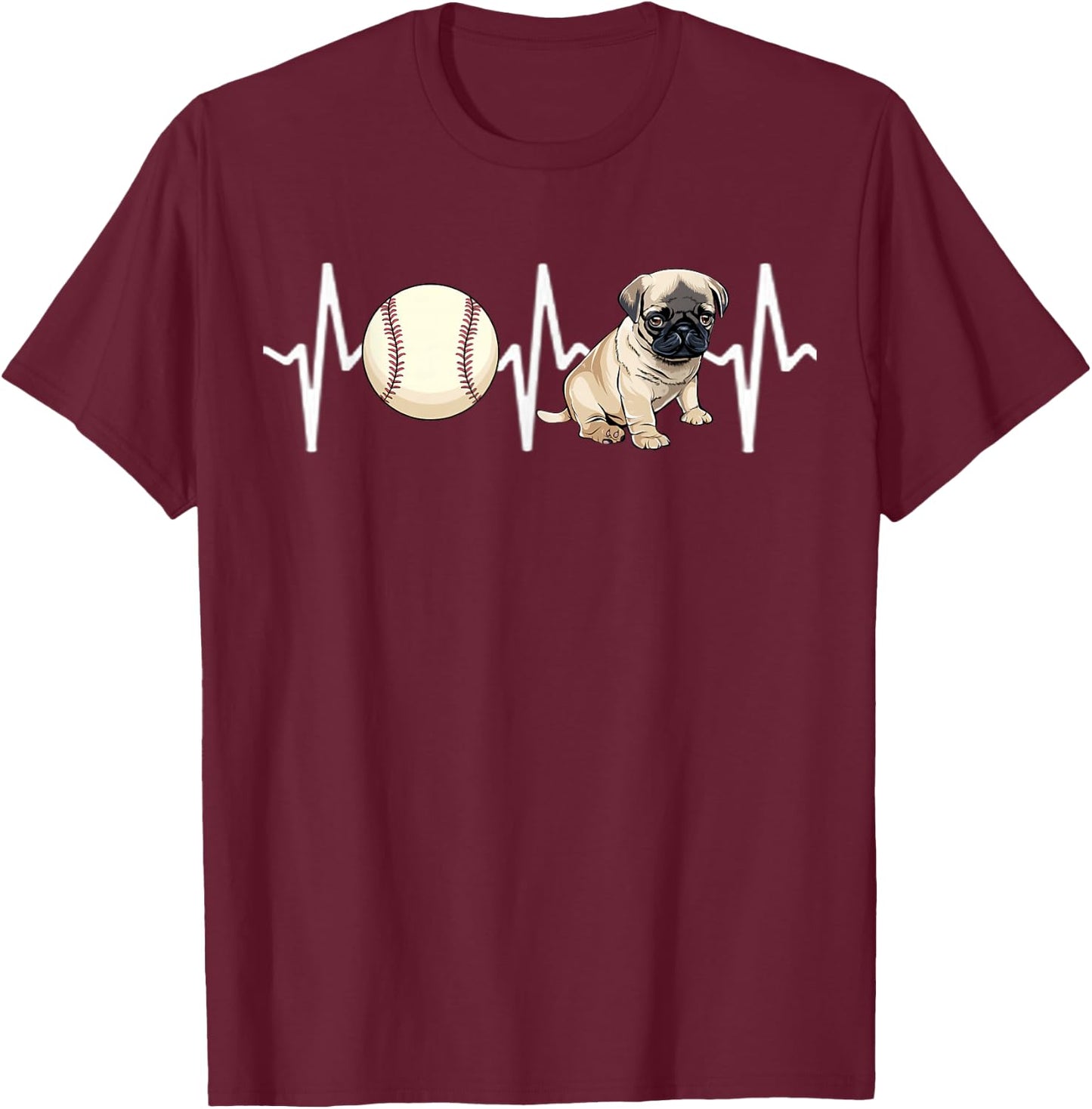 Baseball Pug Heartbeat Dog Lover Women Kids T-Shirt - T-Shirt | Maroon