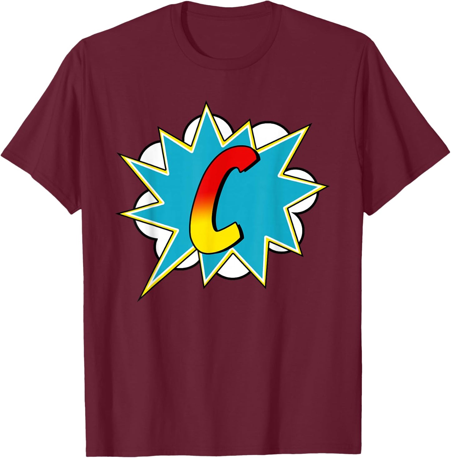 Letter C Superhero Name Comic Letter Retro Costume , Black, S T-Shirt - T-Shirt | Maroon