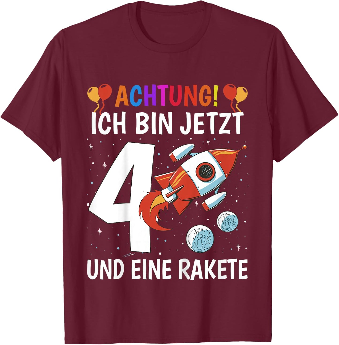 Children's 4th Birthday Boys 4 Years - Planets Space Rocket , black T-Shirt - T-Shirt | Maroon