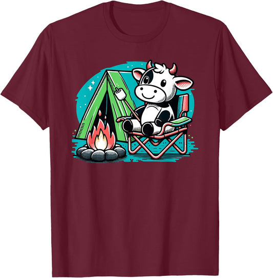 Cute Cow at the Campfire Funny S'more Camping T-Shirt - T-Shirt | Maroon