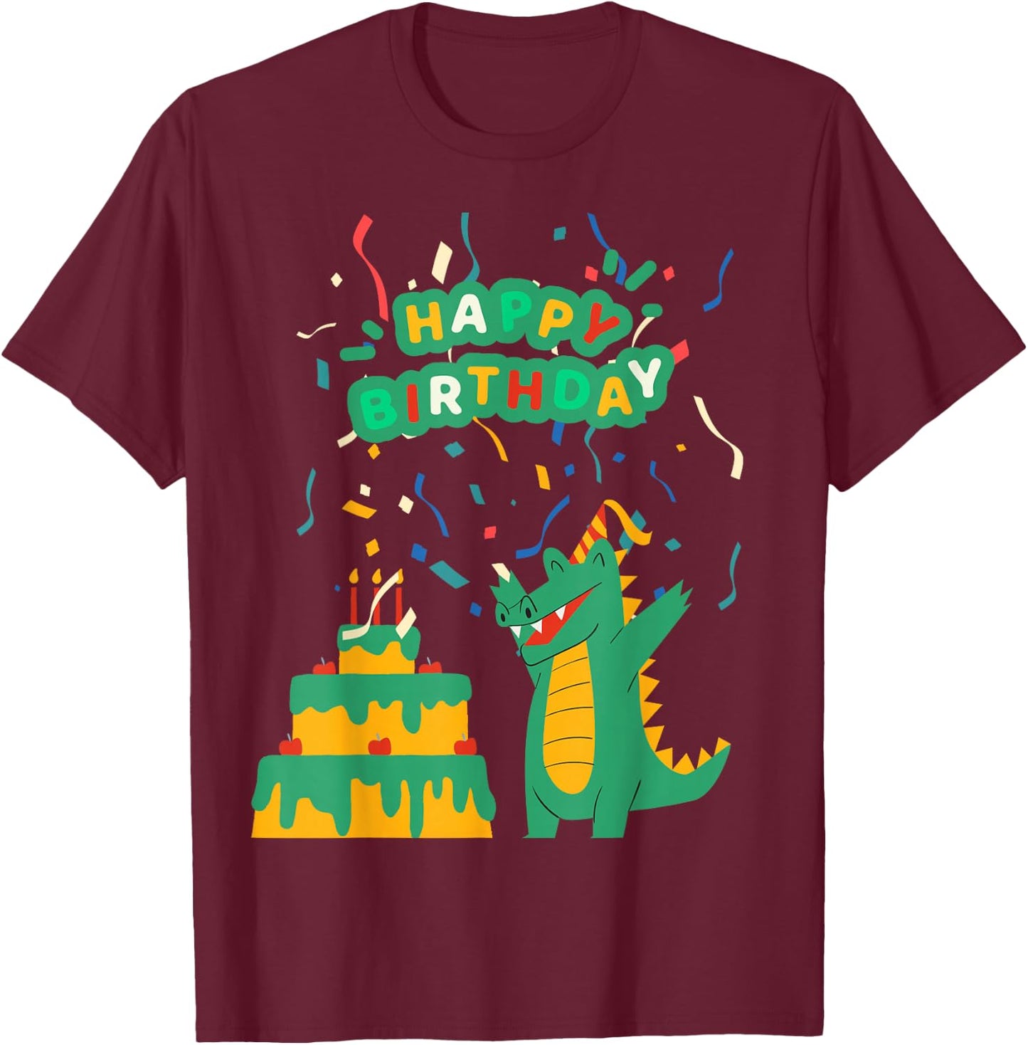 Happy Birthday Crocodile Alligator Cake Confetti Snap Party T-Shirt - T-Shirt | Maroon