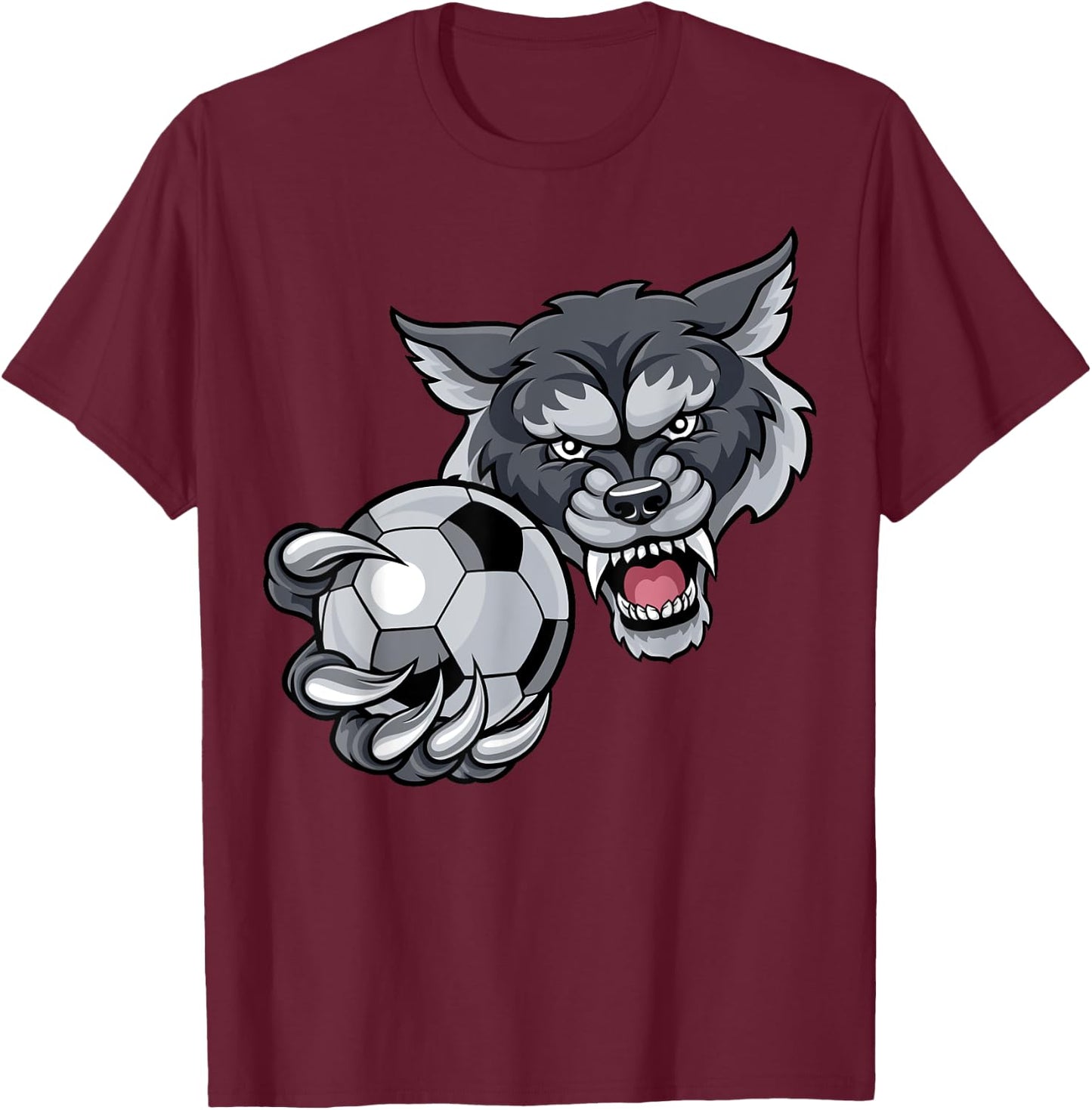 Wolf Sports Team Mascot Holding Soccer Football Ball T-Shirt - T-Shirt | Maroon