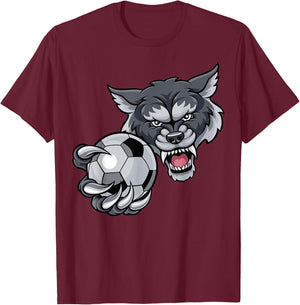 Wolf Sports Team Mascot Holding Soccer Football Ball T-Shirt - T-Shirt | Maroon