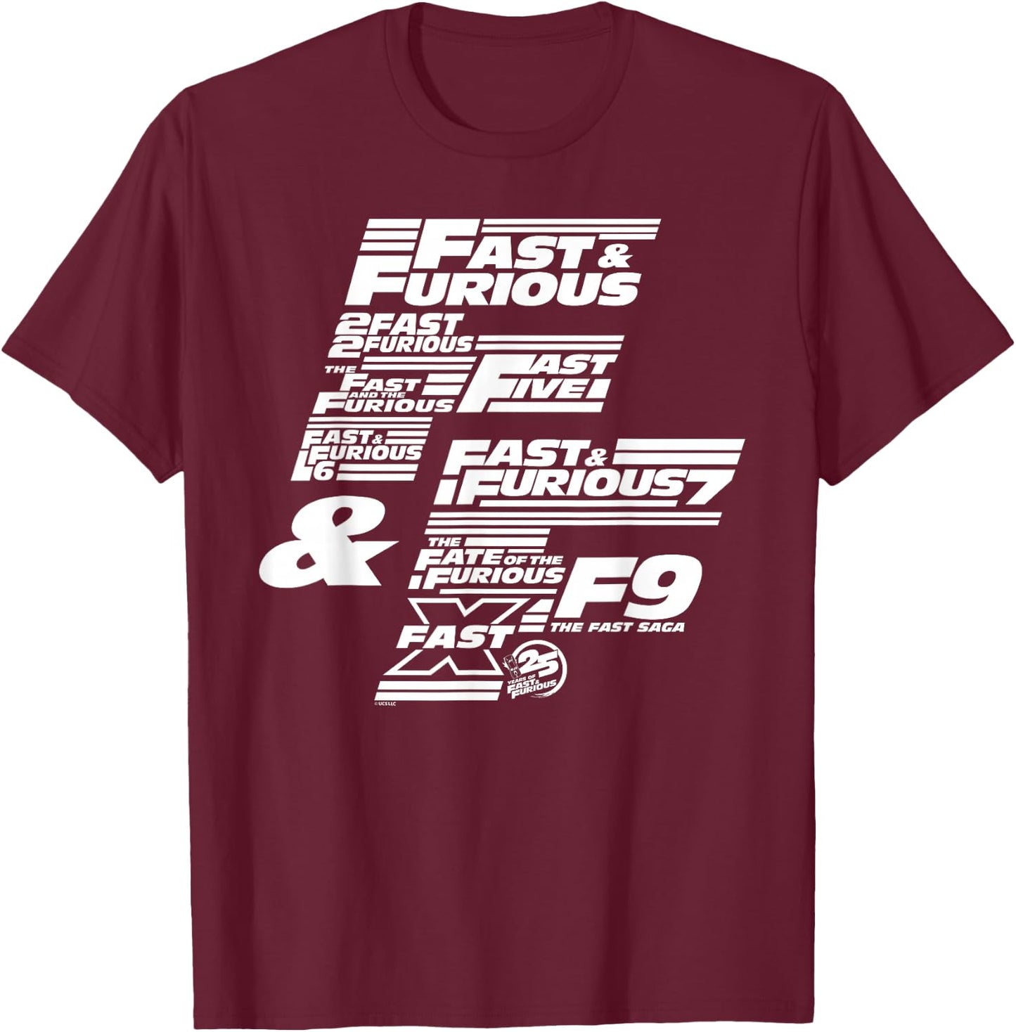 Fast & Furious 25th Anniversary Franchise Logo Stack T-Shirt - T-Shirt | Maroon