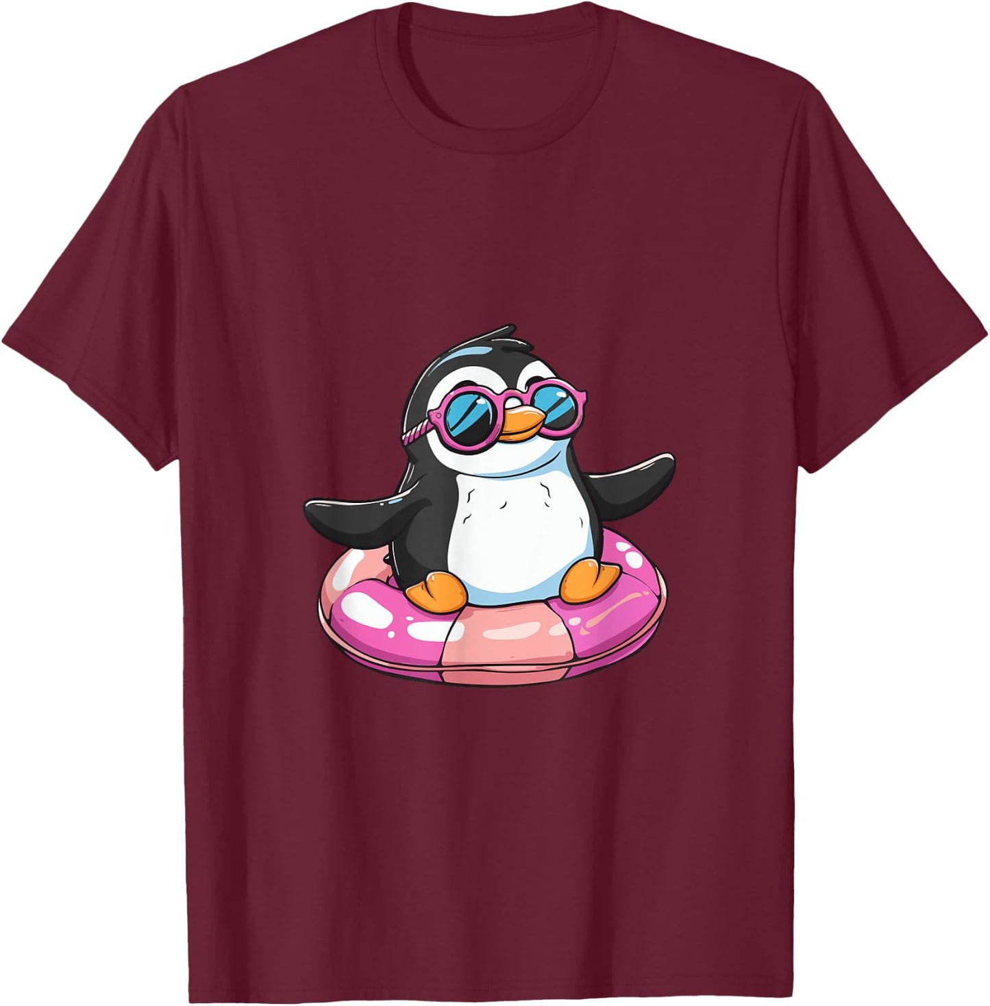 Cute Penguin On Summer Vacation Comic T-Shirt - T-Shirt | Maroon