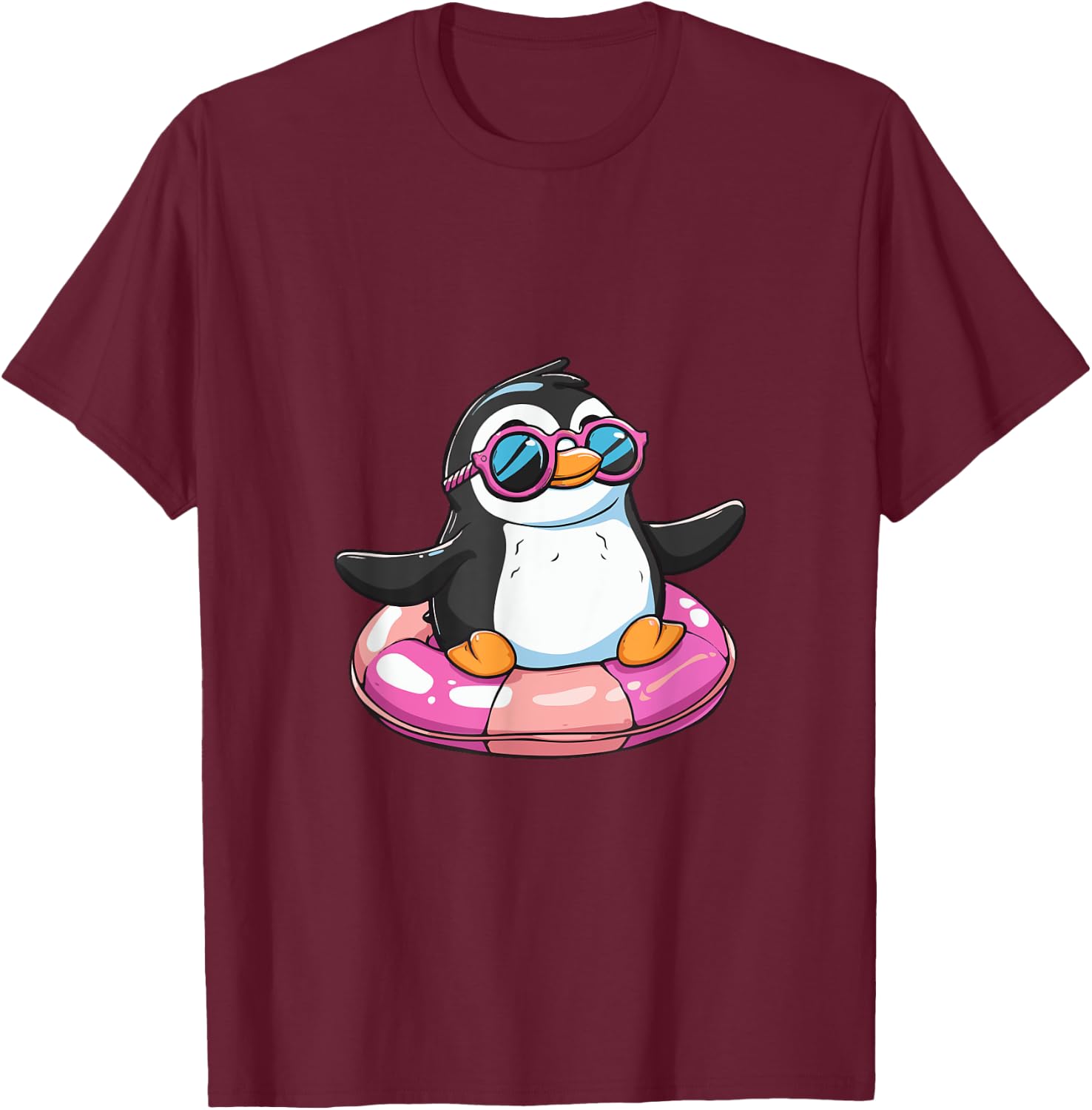 Cute Penguin On Summer Vacation Comic T-Shirt - T-Shirt | Maroon