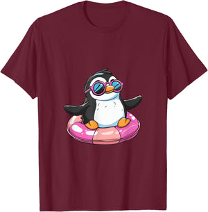 Cute Penguin On Summer Vacation Comic T-Shirt - T-Shirt | Maroon