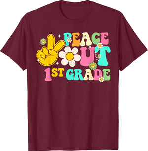 Peace Out 1st Grade, Last Day of School Groovy T-Shirt - T-Shirt | Maroon