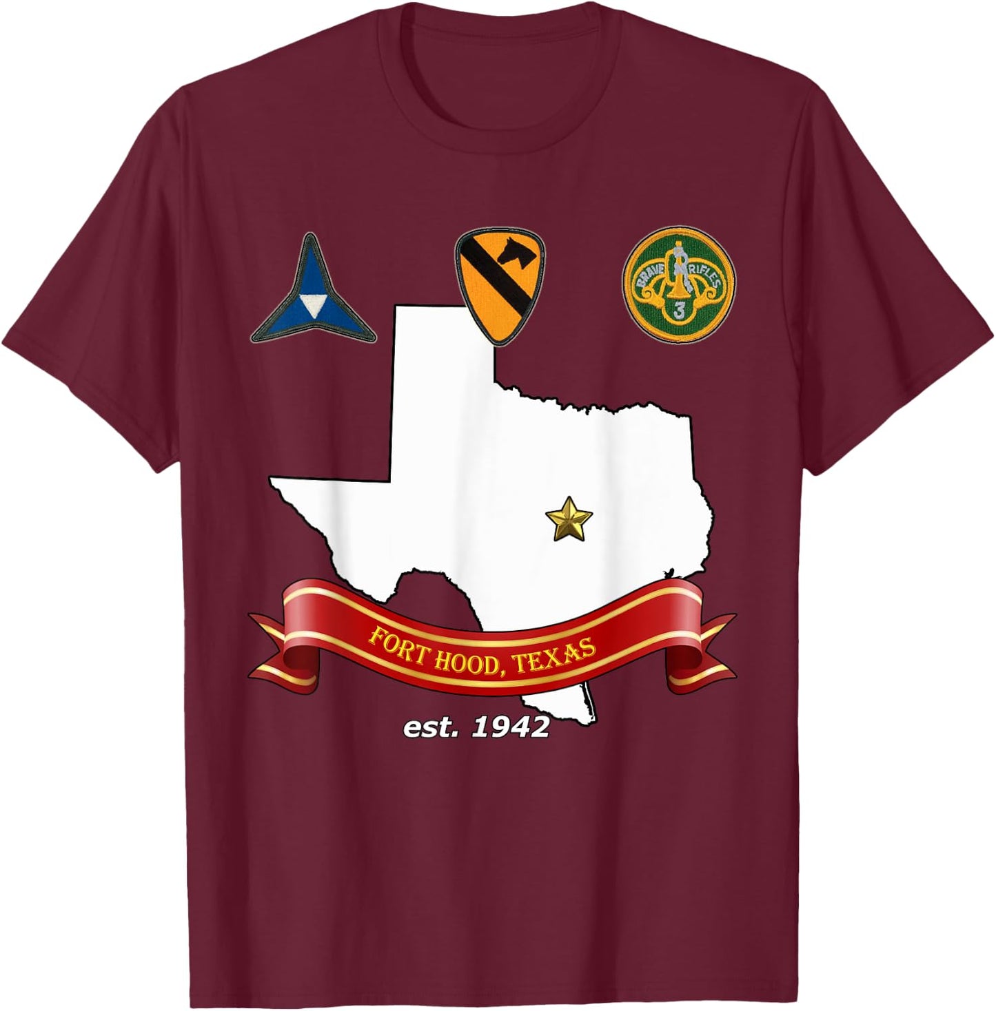 Fort Hood Military Base - Army Post at Killeen, TX design T-Shirt - T-Shirt | Maroon