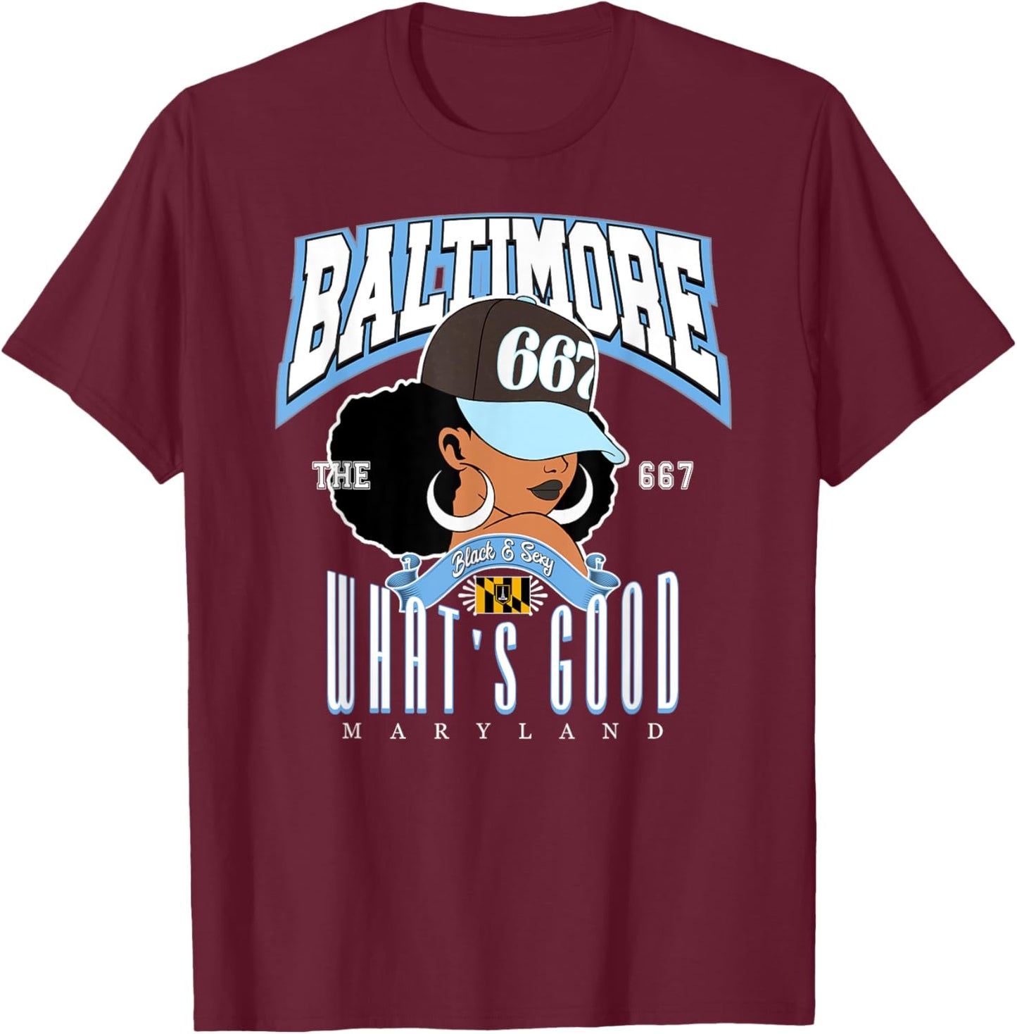 667 Baltimore, the reigning Afro Puff Queen of Maryland , Purple, S T-Shirt - T-Shirt | Maroon