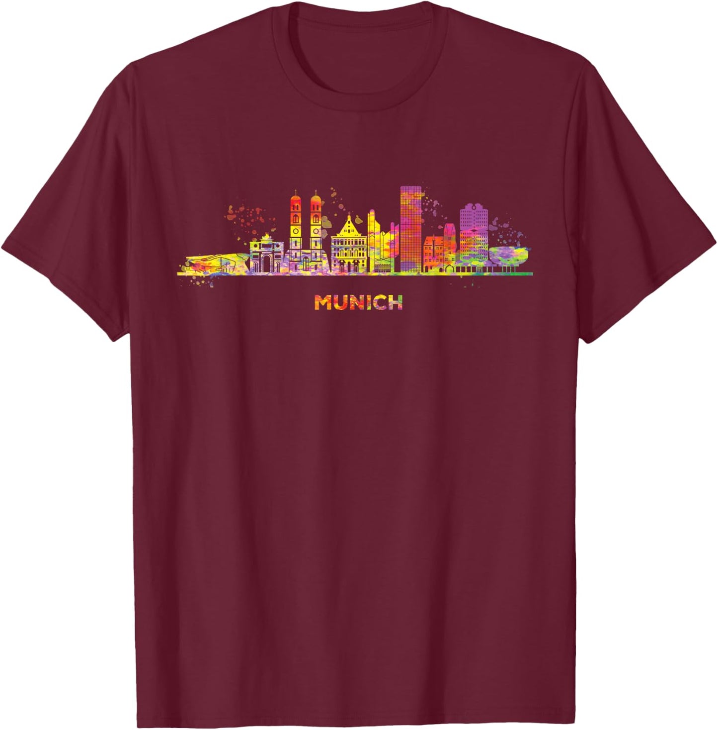 Munich Skyline Colourful Frauenkirche Cityscape Munich , black T-Shirt - T-Shirt | Maroon