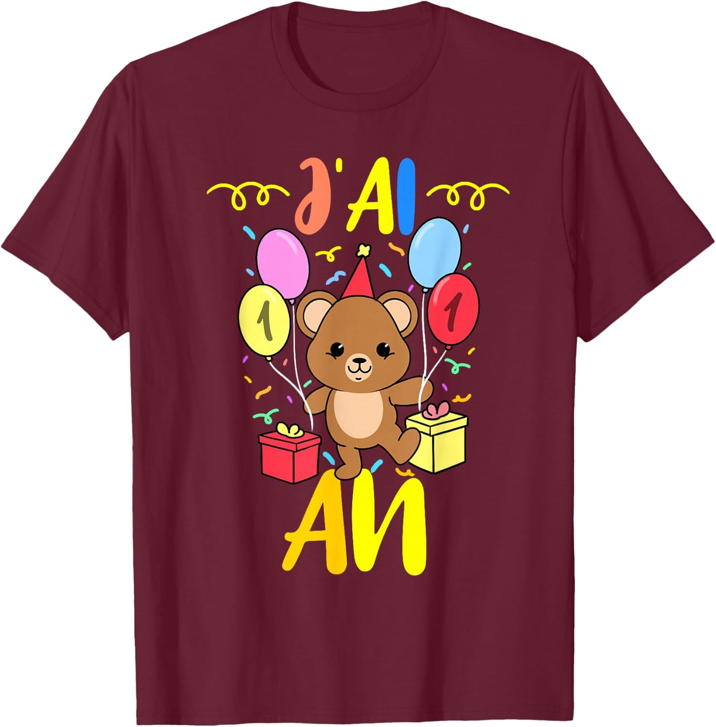 J'ai 1 An 1e Ours en peluche Anniversaire , Black, S T-Shirt - T-Shirt | Maroon
