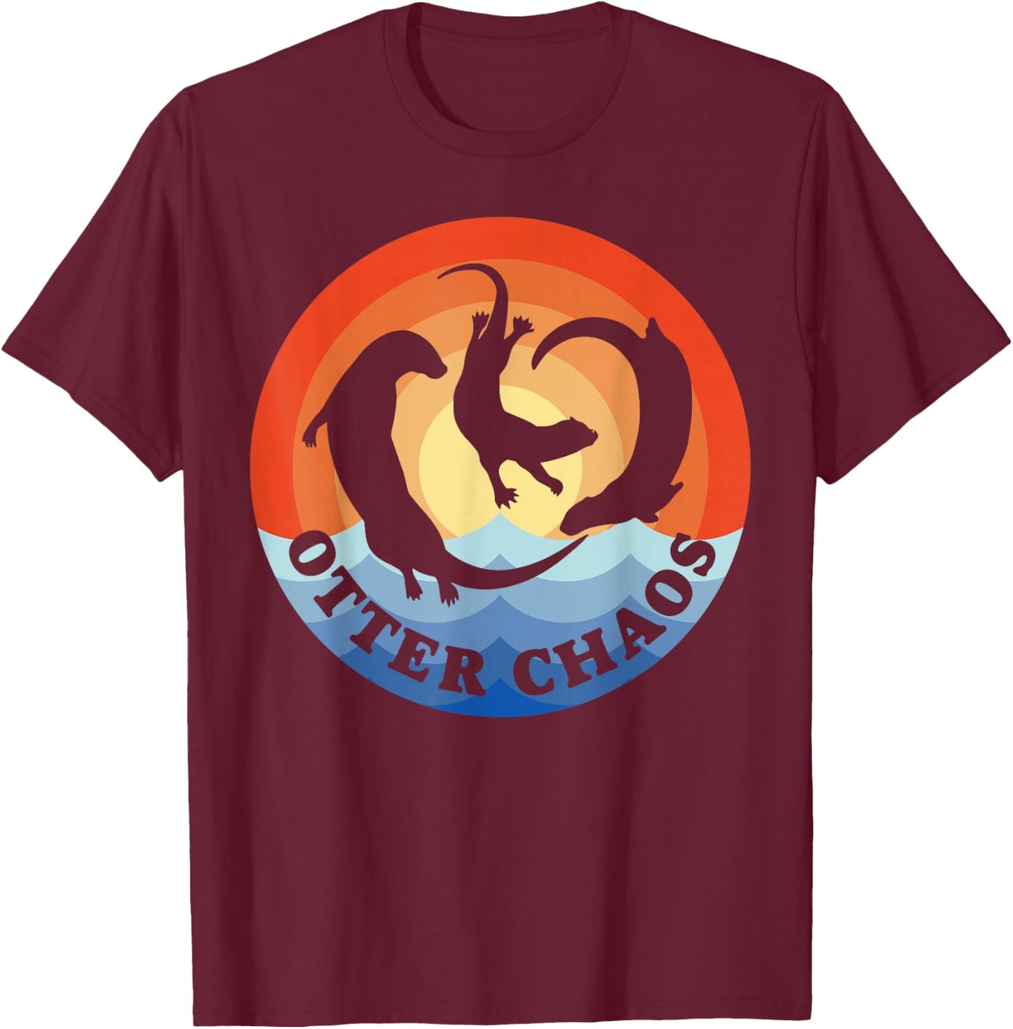 Otter Chaos Funny Men Women Sea Animal Lovers Retro Sunset T-Shirt - T-Shirt | Maroon