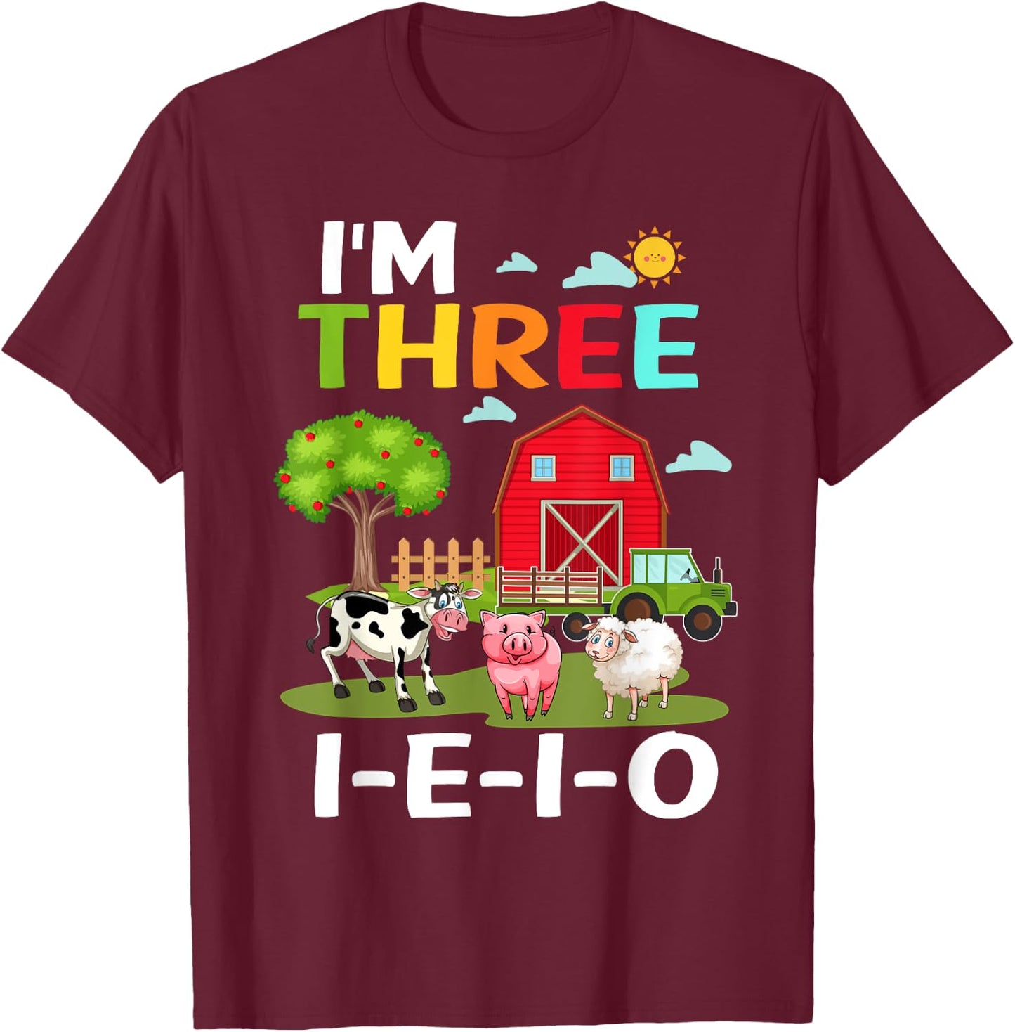 Three I E I O Farm Party 3rd Bday Girl 3 Years Old Farmer T-Shirt - T-Shirt | Maroon