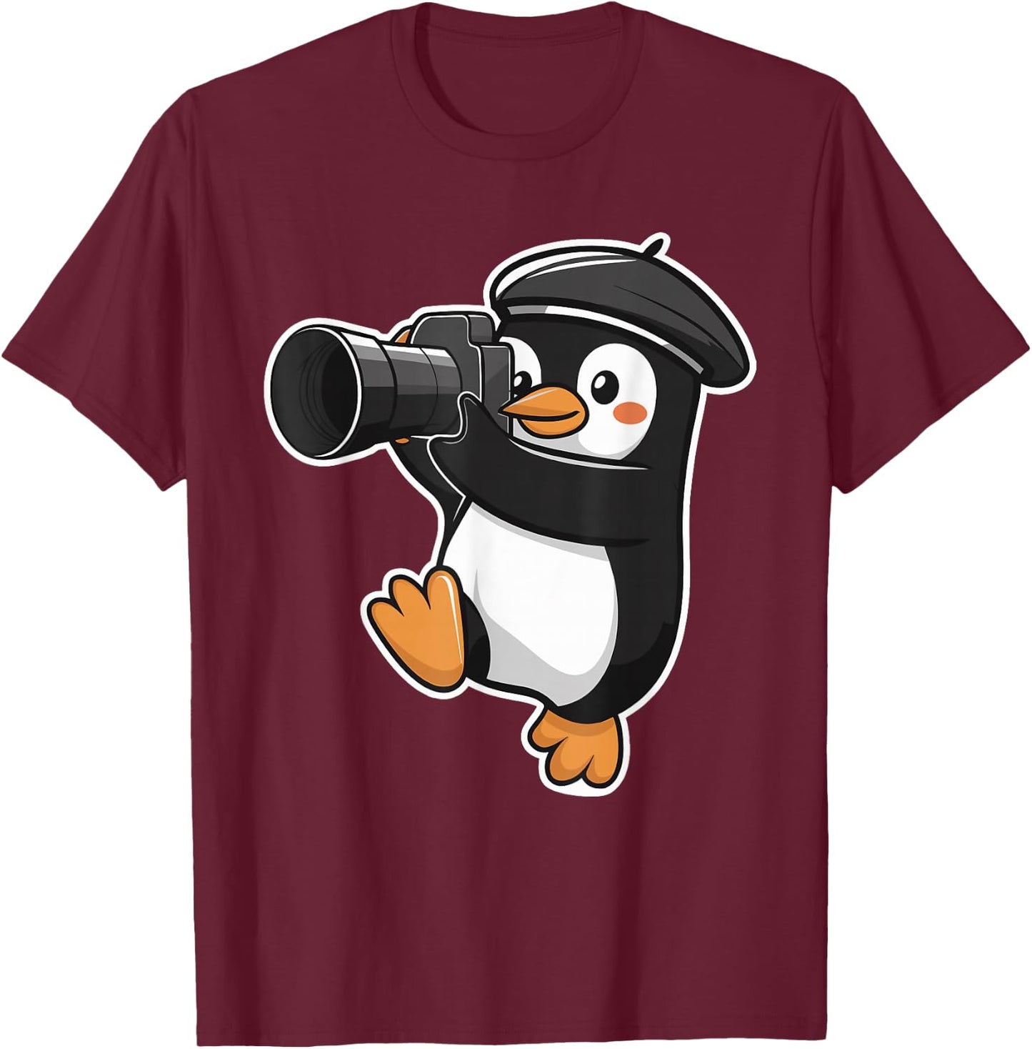 Cute Penguin Photographer With Camera T-Shirt - T-Shirt | Maroon