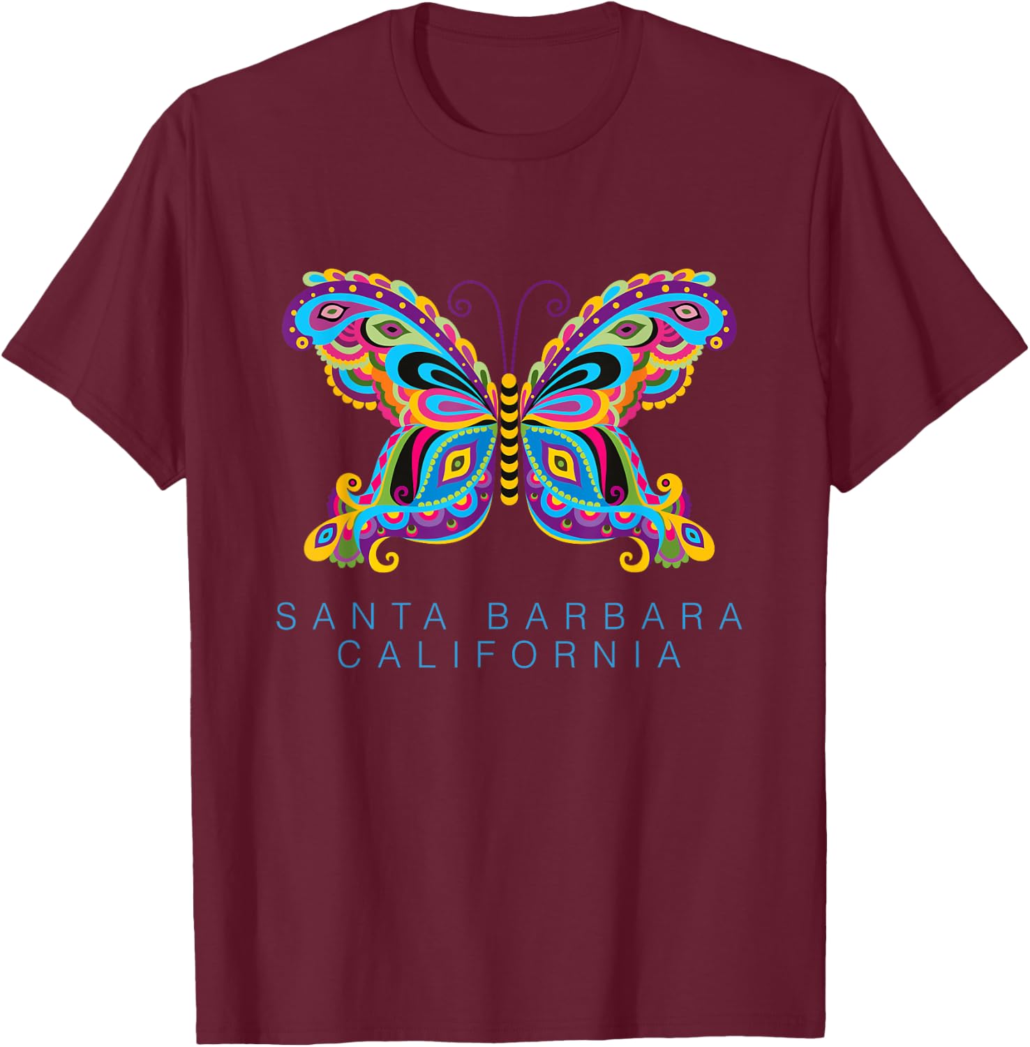 Santa Barbara California Souvenir Butterfly Graphic T-Shirt - T-Shirt | Maroon
