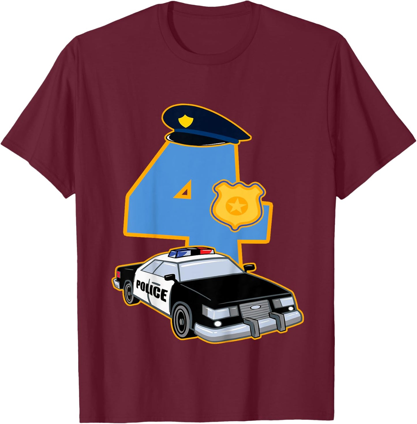 Kids 4th Birthday Police 4 Years Old Officer Car Costume T-Shirt - T-Shirt | Maroon