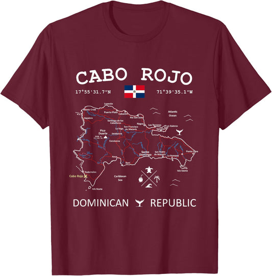CABO ROJO Dominican Republic Flag Map GPS Coordinates T-Shirt - T-Shirt | Maroon