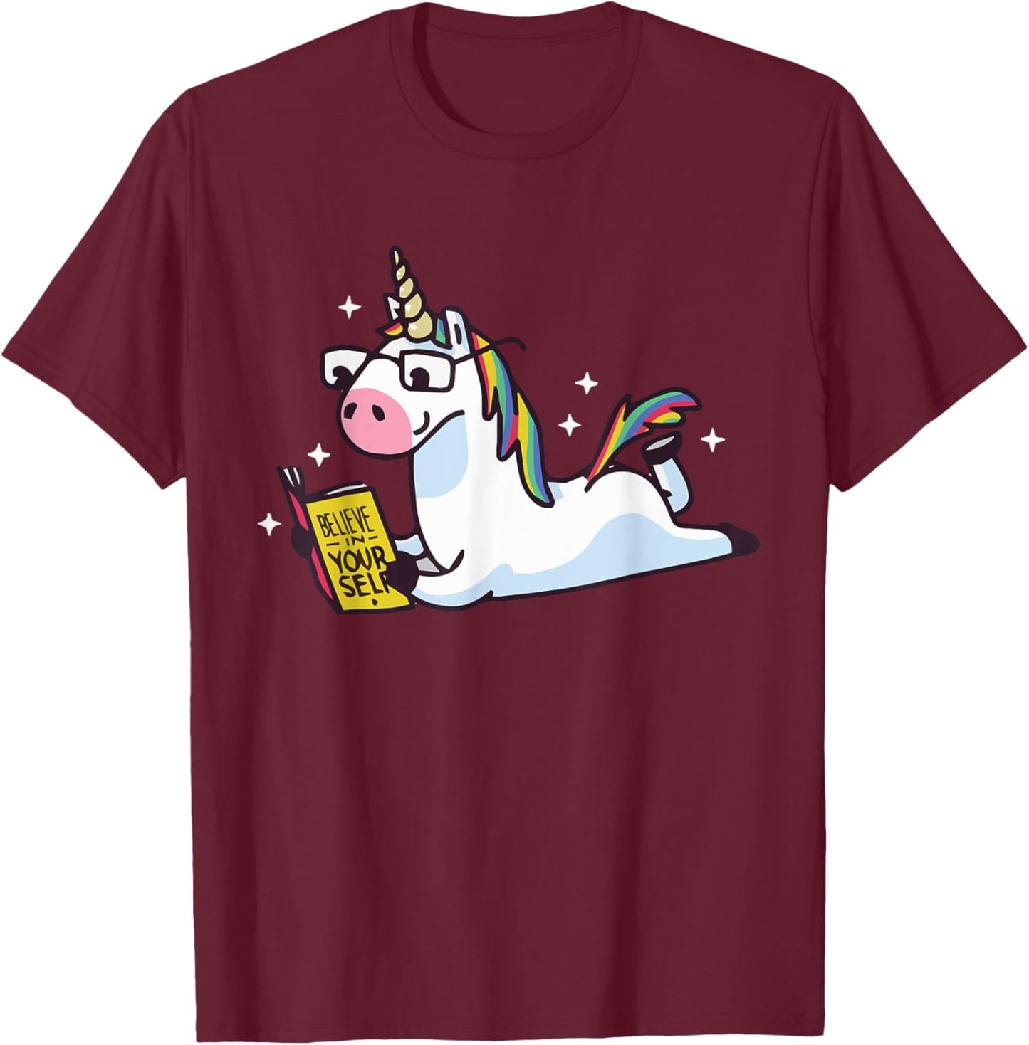 Unicorn Reading Believe in Yourself Motivational T-Shirt - T-Shirt | Maroon