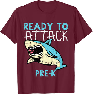 Kids Shark Ready To Attack Pre-K Funny Prek First Day School Boys T-Shirt - T-Shirt | Maroon