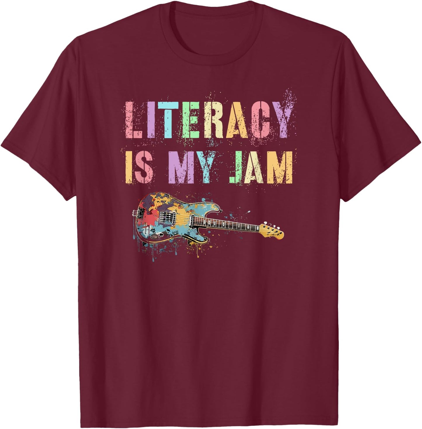 Vintage LITERACY IS MY JAM Teacher Library Rockstar Reading T-Shirt - T-Shirt | Maroon