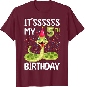 5th Birthday snake Party 5 Year Old snake lover B-day T-Shirt - T-Shirt | Maroon