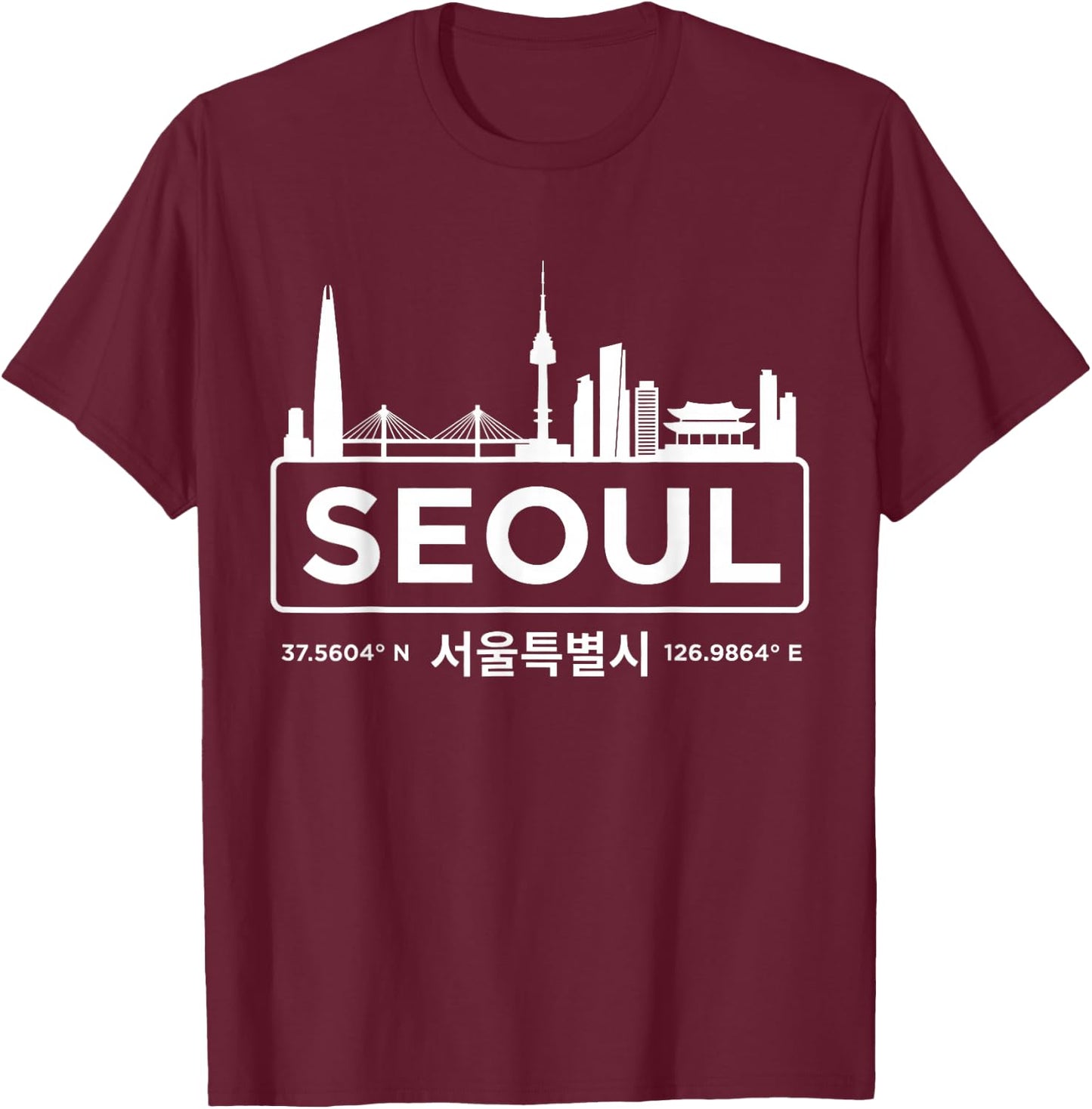 Seoul South Korea Minimalist White Skyline T-Shirt - T-Shirt | Maroon