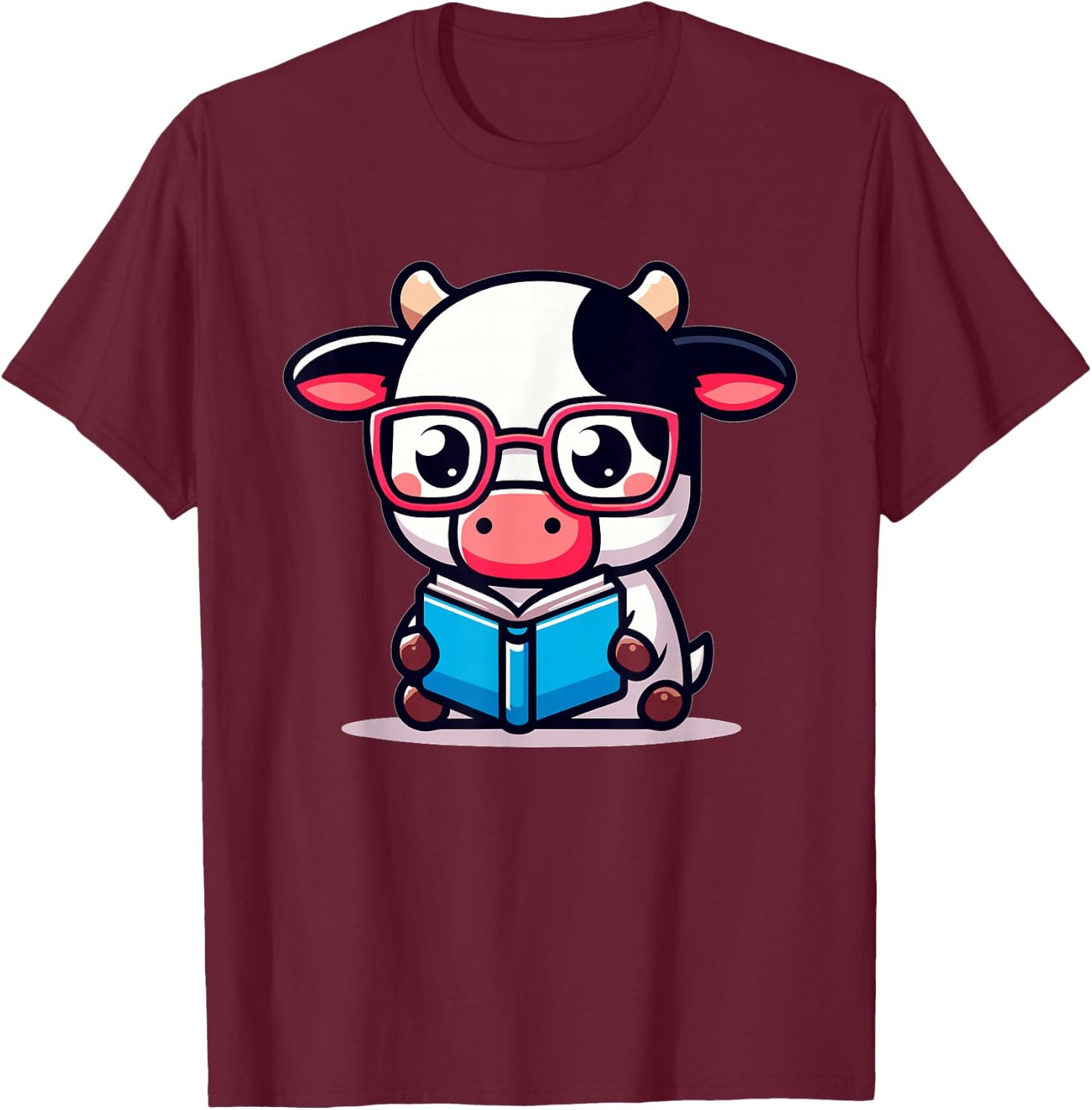 Adorable Book Lover Cow With Reading Glasses Cute T-Shirt - T-Shirt | Maroon