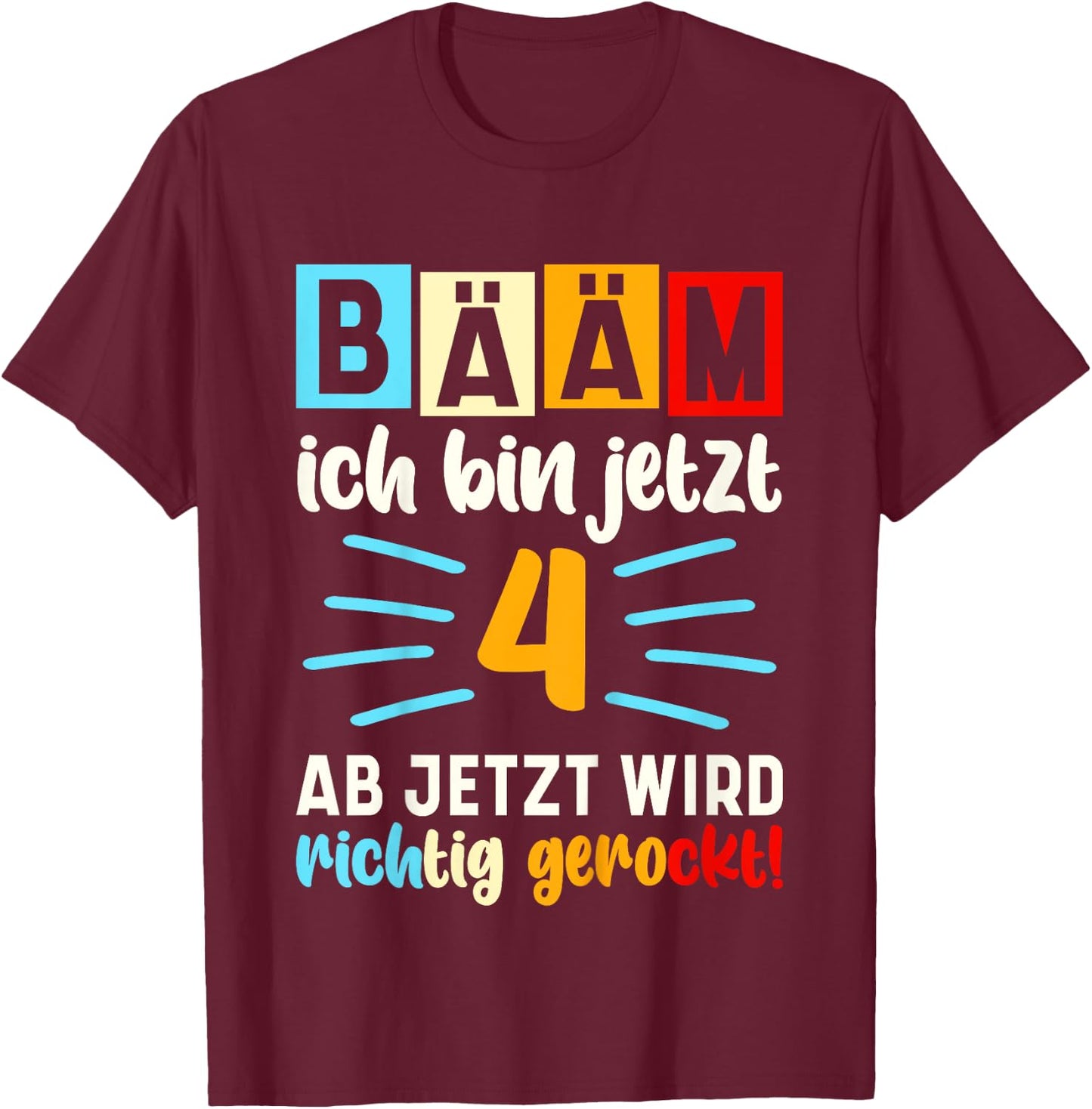 Children's with German Text "Ich bin jetzt 4 Birthday" [German Language], black T-Shirt - T-Shirt | Maroon