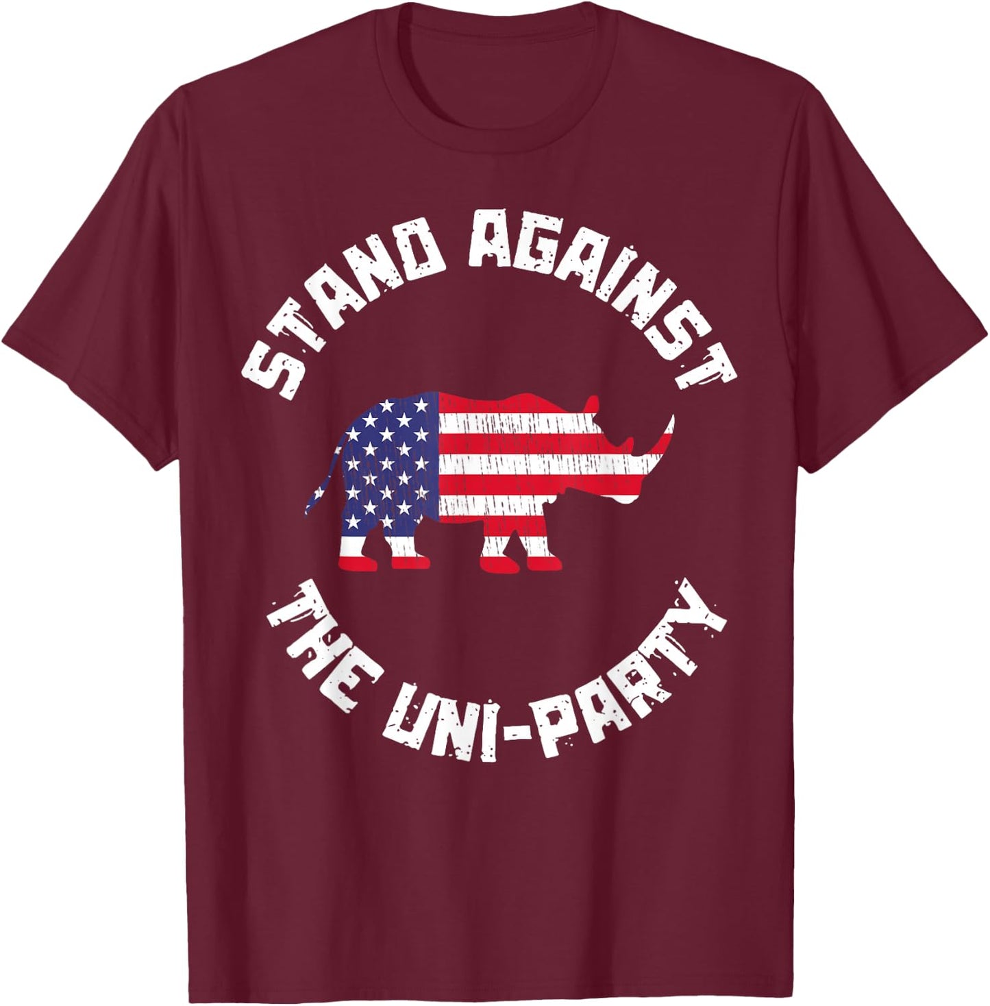Stand Against The Uni-Party Funny Rhino America Flag T-Shirt - T-Shirt | Maroon