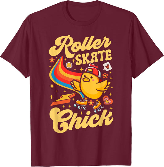 Cool Roller Skating Skate Girl 1970s Retro Chicken Roller T-Shirt - T-Shirt | Maroon